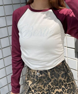 WEGO ラインストーンサイドドロストラグランロンT ワイン