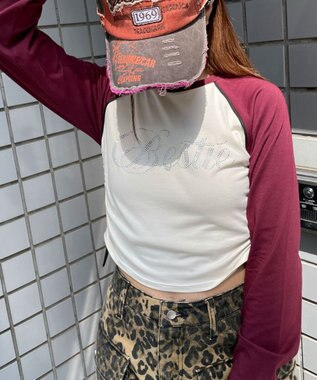 WEGO ラインストーンサイドドロストラグランロンT ワイン