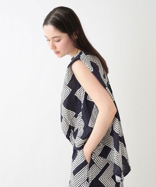 UCHINO クレープガーゼ ジオメトリックブラウス ダークブルー