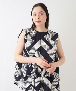 UCHINO クレープガーゼ ジオメトリックブラウス ダークブルー