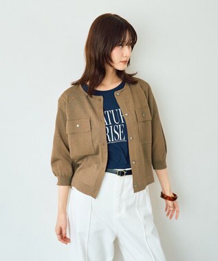 YECCA VECCA ノーカラー7分袖ポケットカーディガン Dark Beige