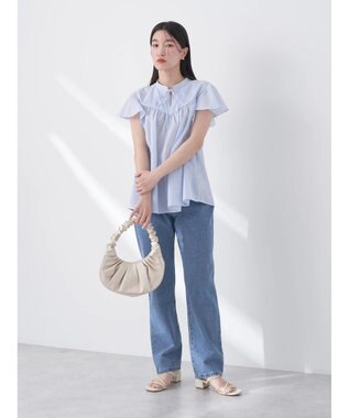 earth music&ecology ギャザーフレンチスリーブブラウス Stripe Sax