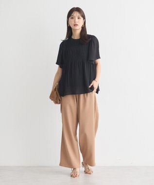 earth music&ecology マジョリカプリーツ半袖ブラウス Black