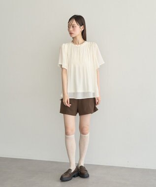 earth music&ecology マジョリカプリーツ半袖ブラウス Ivory