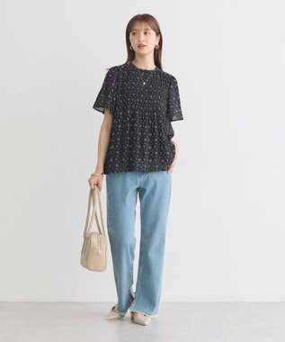 earth music&ecology マジョリカプリーツ半袖ブラウス Flower Black