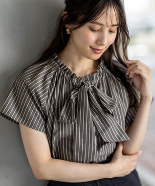 ANY SIS 【洗える】ギャザーネック ブラウス ブラウンストライプ