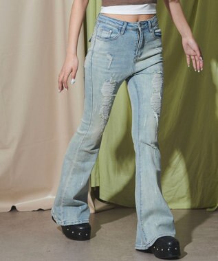 WEGO 【美脚】ダメージフレアデニム デニム淡色