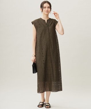 自由区 S 【洗える】フラワータイルレース ワンピース ダークオリーブ