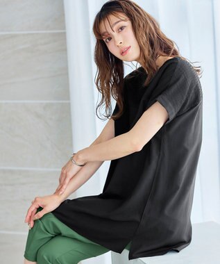 Tiaclasse L 【洗える】シアーコンビチュニックブラウス ブラック
