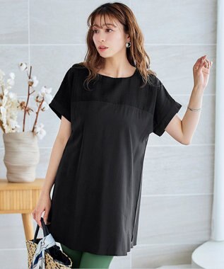 Tiaclasse L 【洗える】シアーコンビチュニックブラウス ブラック