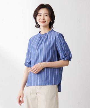 J.PRESS LADIES 【洗える】 セルロース タイプライター ストライプ スタンドカラー ブラウス ネイビー系1