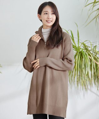 Tiaclasse 【洗える】ハーフジップニットチュニック モカ