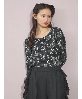 Green Parks ■ＥＳＣＡＲ　Ｕネッククレープカットプルオーバー Flower Black