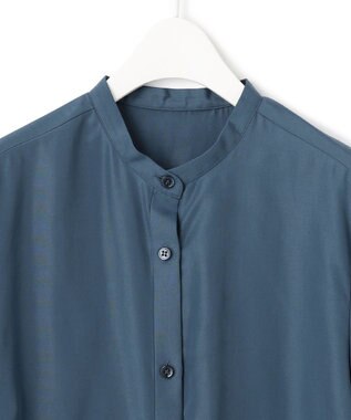ICB 【洗える】 スパンローンプリーツ バンドカラーシャツ ダルブルー系