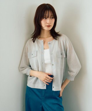 YECCA VECCA ノーカラー7分袖ポケットカーディガン Light Gray