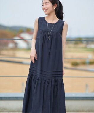 Tiaclasse 麻調ピンタックロングワンピース ネイビー