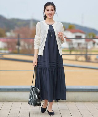 Tiaclasse 麻調ピンタックロングワンピース ネイビー
