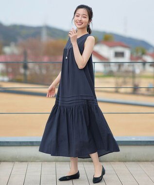 Tiaclasse 麻調ピンタックロングワンピース ネイビー