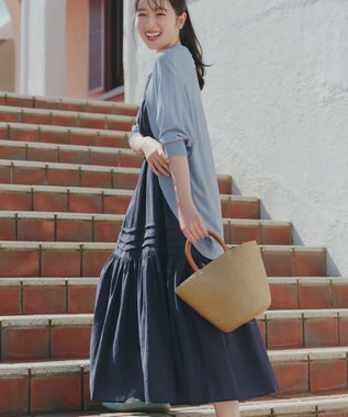 Tiaclasse 麻調ピンタックロングワンピース ネイビー