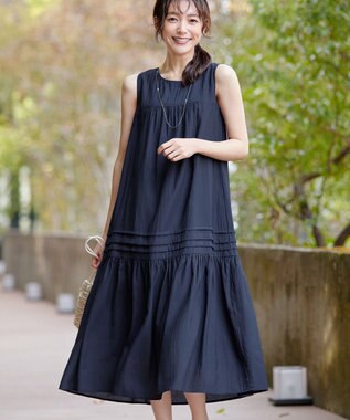 Tiaclasse 麻調ピンタックロングワンピース ネイビー