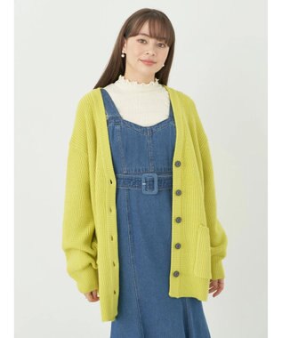 earth music&ecology アンチピリング畦Ｖネックカーディガン Lime Green