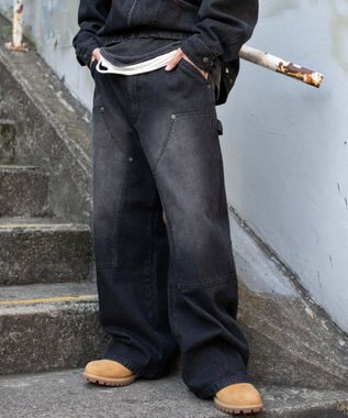 WEGO ワーカーズダブルニーデニムパンツ デニムブラックソノタ