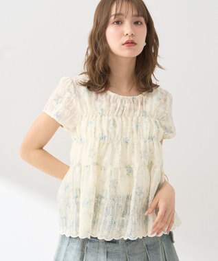 earth music&ecology フラワープリント刺繍ブラウス Blue