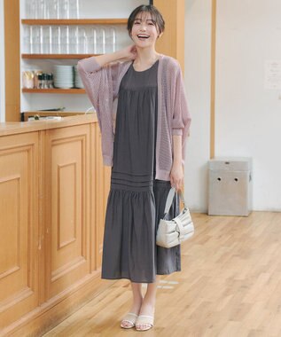 Tiaclasse 麻調ピンタックロングワンピース チャコールグレー