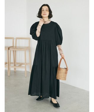 CRAFT STANDARD BOUTIQUE インド綿パフスリーブギャザーワンピース Black