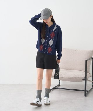 earth music&ecology 【予約】襟付きアーガイルニットカーディガン ネイビー