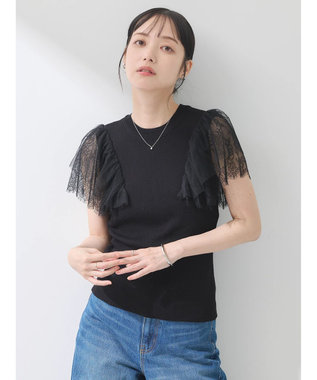 earth music&ecology 袖レースリブニットプルオーバー Black