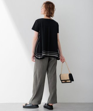 23区 L 【洗える】スカーフプリントコンビ バックデザイン カットソー ブラックxベージュ