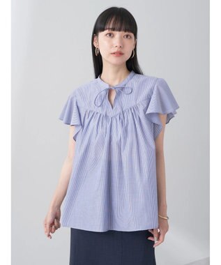 earth music&ecology ギャザーフレンチスリーブブラウス Stripe Navy