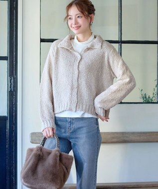 Tiaclasse 【着丈が選べる】ハイネックブークレカーディガン ショート丈グレージュ