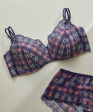 une nana cool 【リニューアル】364ブラ レース タータンチェック柄 ノンワイヤーブラ ネイビー