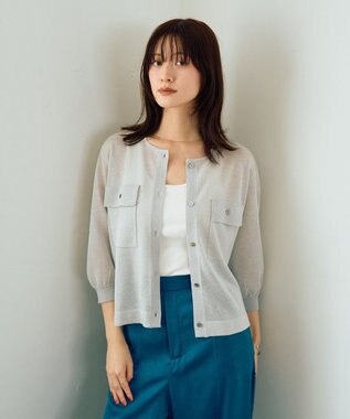 YECCA VECCA ノーカラー7分袖ポケットカーディガン Light Gray