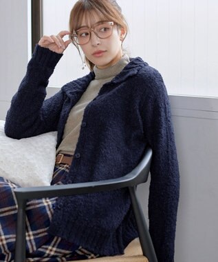 Tiaclasse 【着丈が選べる】ハイネックブークレカーディガン ロング丈ネイビー