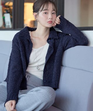 Tiaclasse 【着丈が選べる】ハイネックブークレカーディガン ショート丈ネイビー