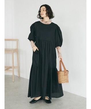 CRAFT STANDARD BOUTIQUE インド綿パフスリーブギャザーワンピース Black