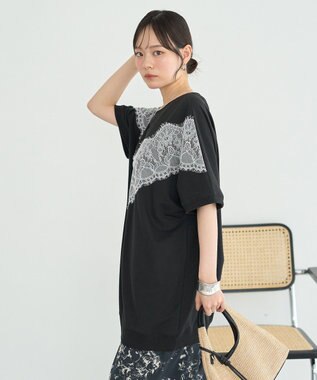 earth music&ecology レース切替ドルマン裏毛プルオーバー Black