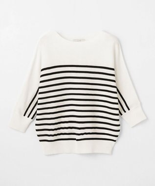 ANY L 【洗濯機可/アンチピリング/UVケア】アクリルガーターニット オフ×ブラックボーダー