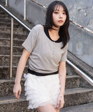 WEGO レイヤードキーネック半袖T 杢グレー