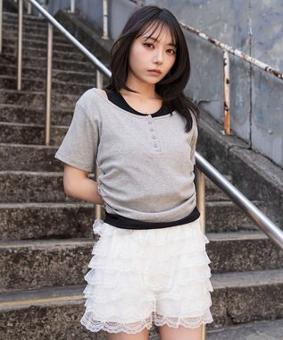 WEGO レイヤードキーネック半袖T 杢グレー