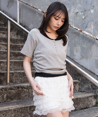 WEGO レイヤードキーネック半袖T 杢グレー