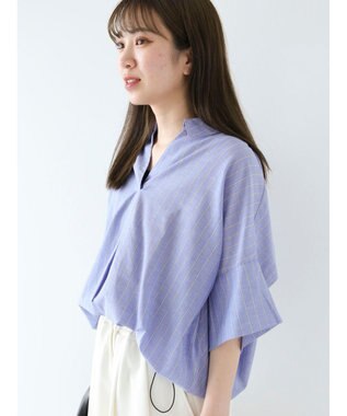 Green Parks 綿麻混スキッパーシャツ Stripe Sax