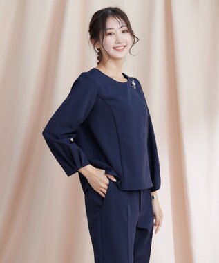 Tiaclasse L 【ダブルストレッチ】【洗える】タックパフ袖ブラウス ネイビー