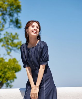 Tiaclasse 【洗える】パフスリーブ配色ステッチワンピース ネイビー