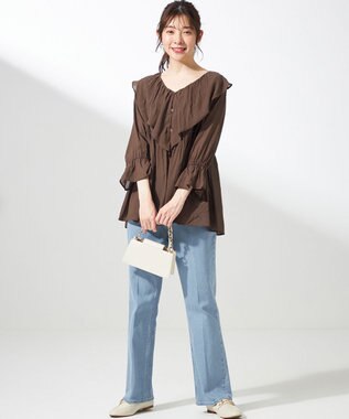 ANY SIS 【洗える】シアーヴィンテージライクラッフル ブラウス ブラウン