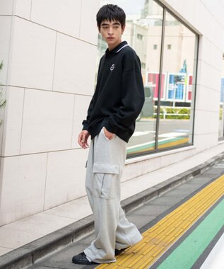 WEGO 【ユニセックス着用ITEM/ウエストゴム/MLサイズ展開】ワイドスウェットカーゴパンツ 杢グレー