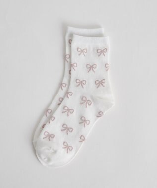 WEGO 総柄リボンクルーソックス ホワイト